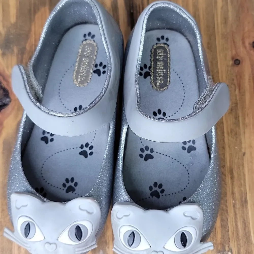 Mini Melissa. Size 8. Kids Glittery Cat Shoes - Gray. EUC